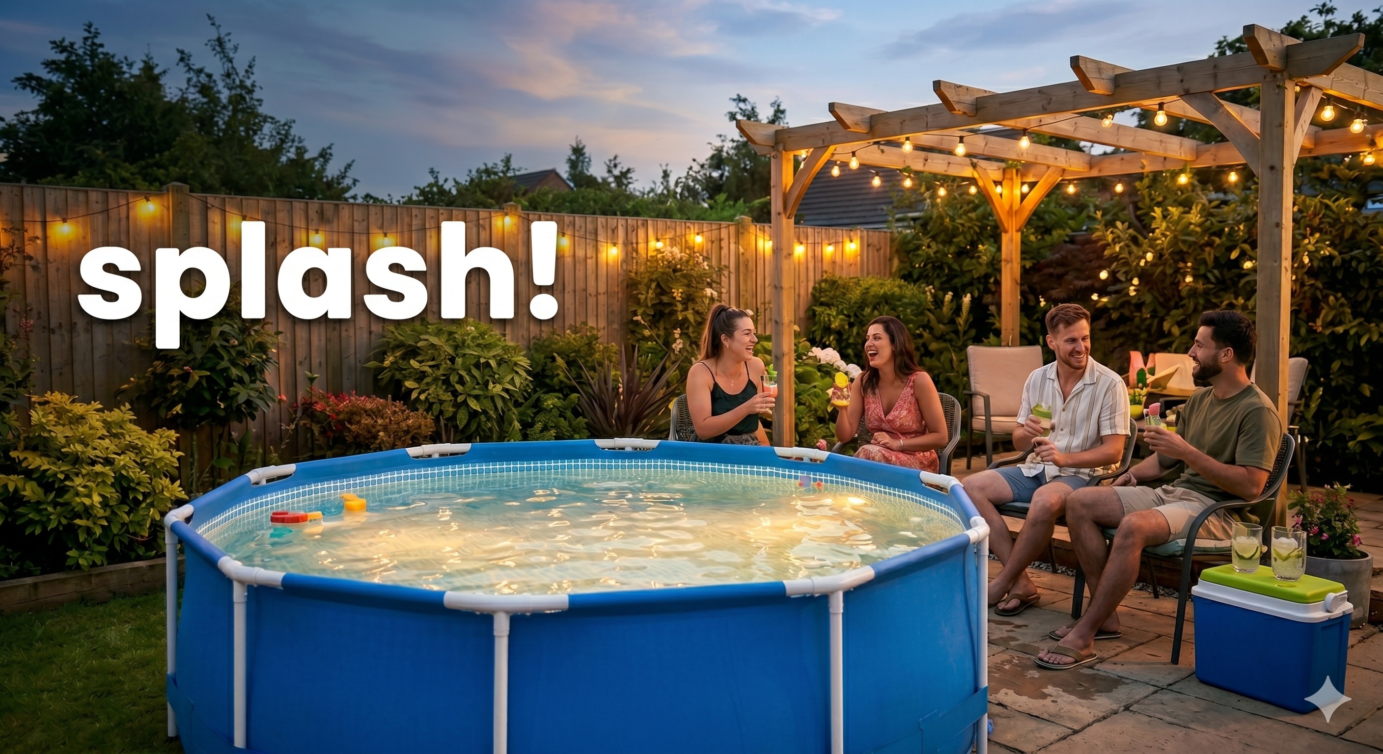 Illustrated splash! hero artwork showing a sunny garden pool scene